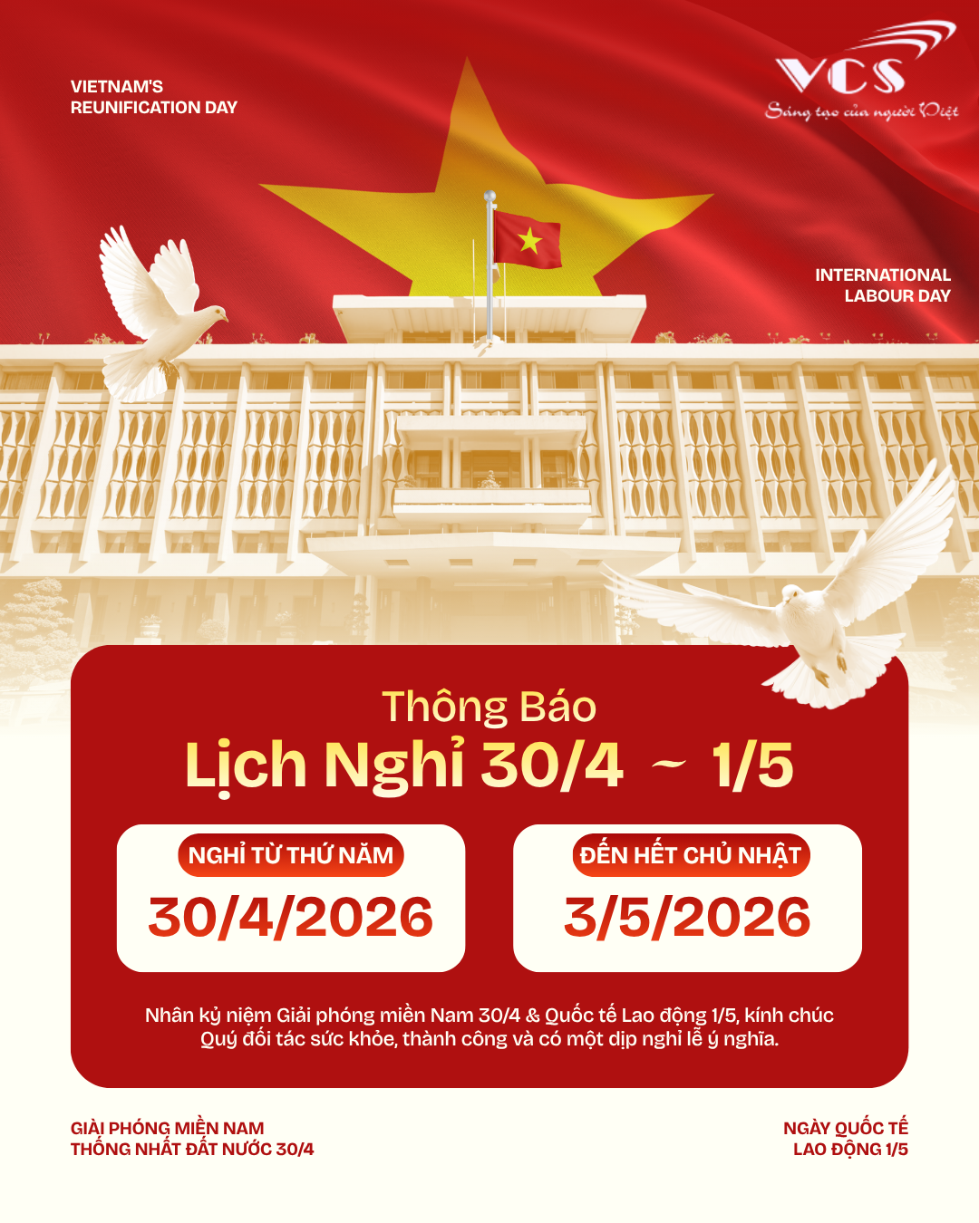 THÔNG BÁO LỊCH NGHỈ LỄ 30/4 VÀ 01/05 NĂM 2026